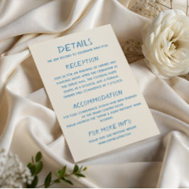 Elegant blå typsnitts typografi bröllopsdetaljer tilläggskort