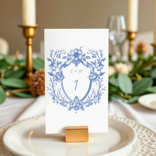 Elegant Blå Vapenmärke Monogram Bröllop Bordsnummer (Classy Blue Crest Monogram Wedding Table Number)