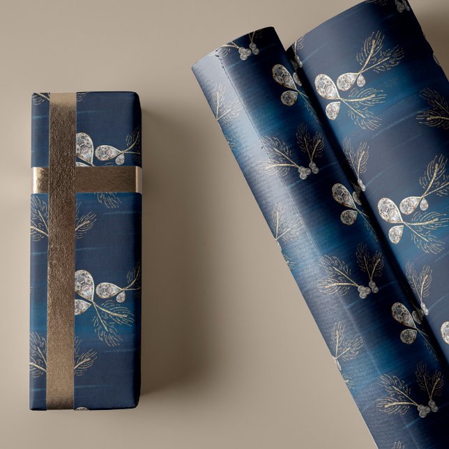 Elegant Blå vattenfärgen Gräs Nål och judar Presentpapper (Elegant Navy Blue Watercolor Pine Needles & Jewels Wrapping Paper)