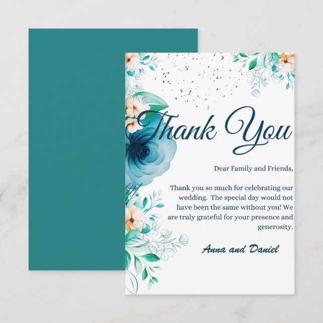 Elegant Blå vattenfärgsblomma Bröllop Tack Kort (Fram/baksida)