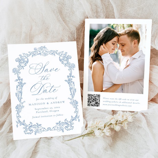 Elegant Blå Viktoriansk Blommig QR-kod Bröllop Spara Datumet (Skapare uppladdad)