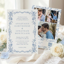 Elegant blå viktoriansk foto QR-kod RSVP bröllop