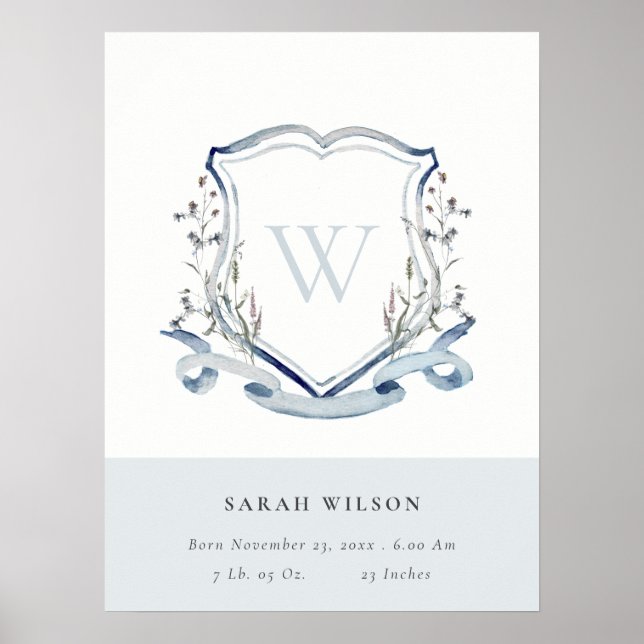 elegant Blå Vildblomma Monogram Topp Födelse Stati Poster (Framsidan)