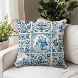 Elegant Blå Vintage Blommig Toile Kudde