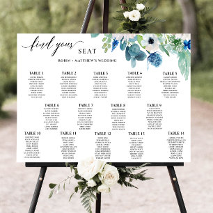 Elegant blå vit akvarell blomster sittplatskarta poster