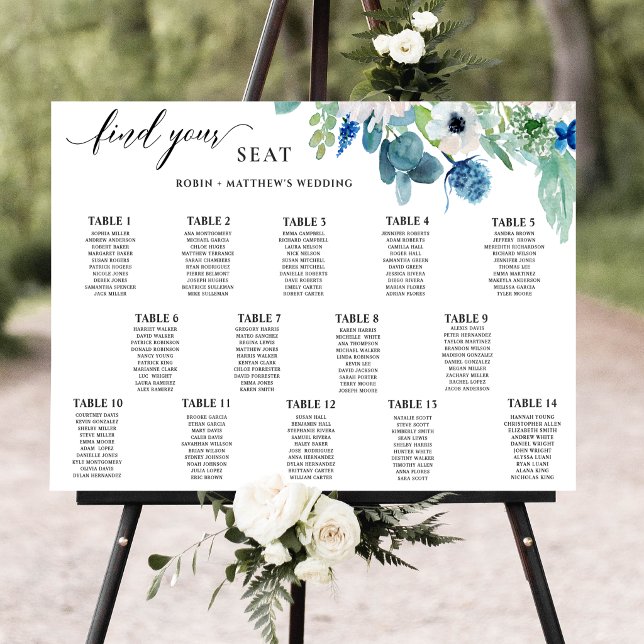 Elegant blå vit akvarell blomster sittplatskarta poster (Skapare uppladdad)
