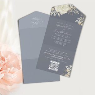 Elegant Blå Vit Blommig Bröllops QR-kod