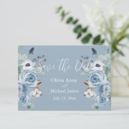 Elegant Blå & Vit Blommig Script Spara Datumet