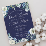 Elegant Blå vit Blommigt Modern Bat mitzvah Inbjudningar<br><div class="desc">Vackra vita blommor och grönt vattenfärg löv från eleganten gräns på denna Bat mitzvah inbjudan till söt marinblått blommigt. Din dotters namn är skriven i chic,  vit kalligrafi på ceremonin eller festinbjudan till en judisk familj som firar en flicka som kallas till Torah.</div>