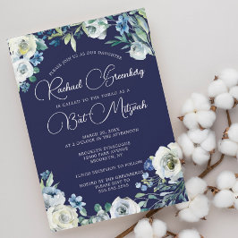 Elegant Blå vit Blommigt Modern Bat mitzvah Inbjudningar