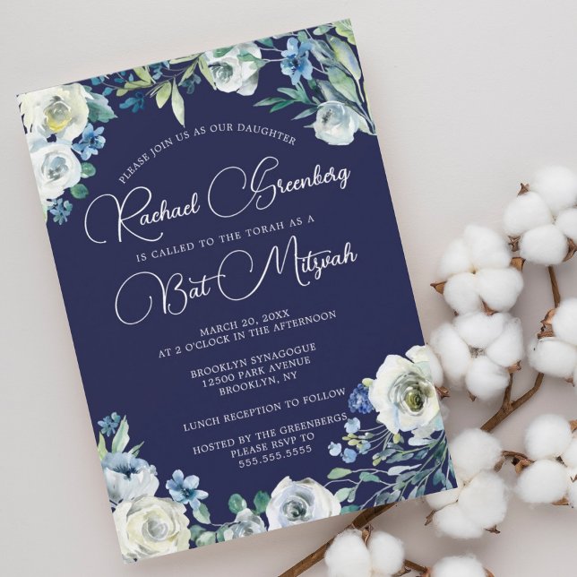 Elegant Blå vit Blommigt Modern Bat mitzvah Inbjudningar (Skapare uppladdad)