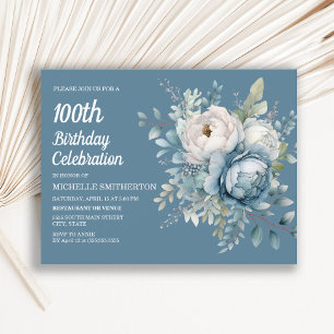 Elegant blå vit blomstergivare för kvinnors 100-år inbjudan vykort