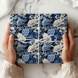 Elegant Blå Vit Elfenbensfärgad Blommig Lyxig Inpa Presentpapper