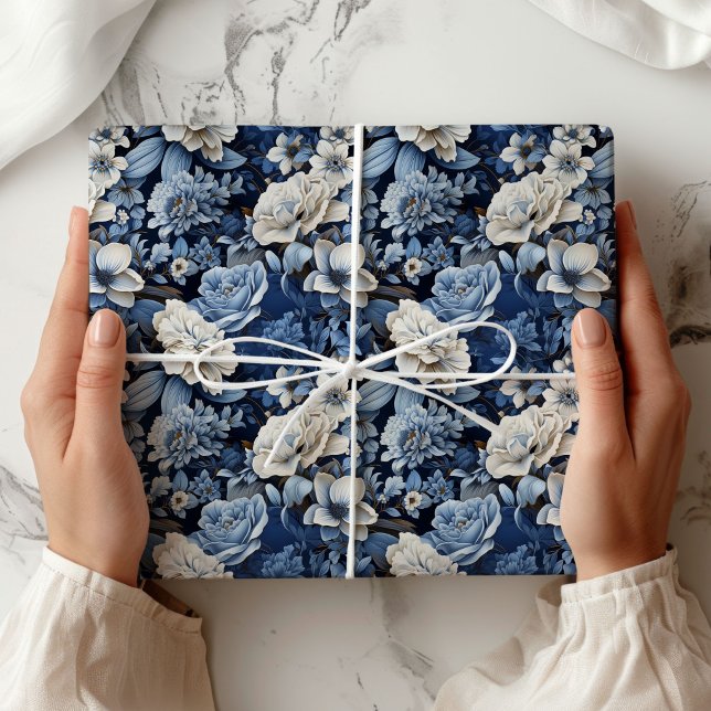 Elegant Blå Vit Elfenbensfärgad Blommig Lyxig Inpa Presentpapper (Elegant Blue White Ivory Floral Luxury Wrapping Paper)