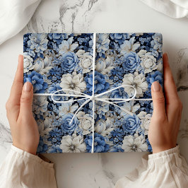 Elegant Blå Vit Elfenbensfärgad Blommig Modernt Pr Presentpapper