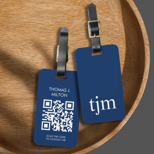 Elegant blå vit fet monogram QR-kod Bagagebricka (Skapare uppladdad)