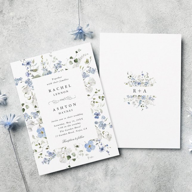 Elegant Blå Vit Grön Blommig Bröllop   Inbjudningar (Front & Back)