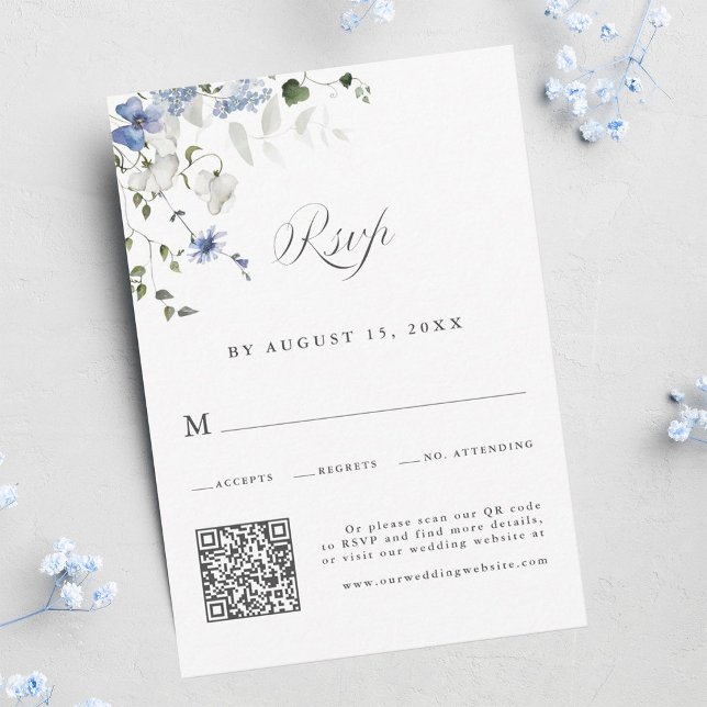 Elegant Blå Vit Grön Blommig Bröllops QR-kod OSA Kort (Skapare uppladdad)