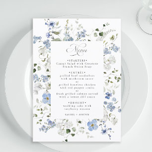 Elegant blå vit grön blomsterbröllop meny