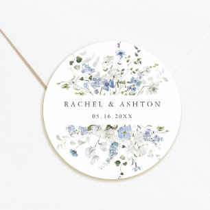 Elegant blå vit grön blomsterbröllop runt klistermärke