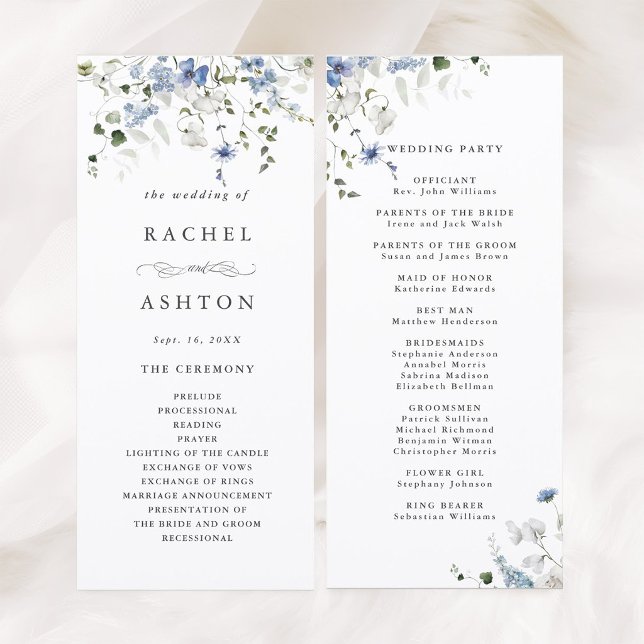Elegant blå vit grön blomsterbröllopsceremoni program (Front & Back)