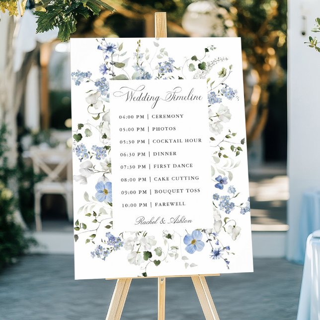 Elegant blå vit grön blomsterbröllopstidslinje  poster (Skapare uppladdad)