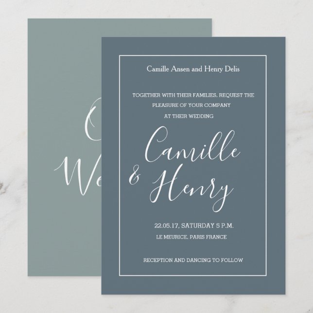 Elegant, blå vit grönt, modern bröllop inbjudningar (Fram/baksida)