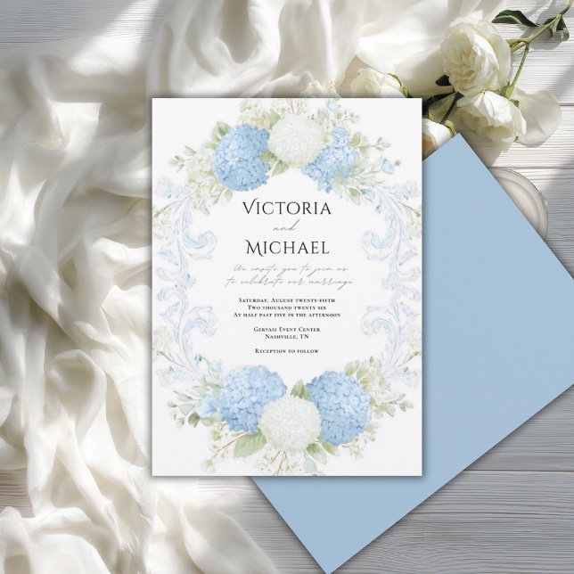 Elegant blå vit hortensia krans bröllop inbjudningar (Skapare uppladdad)