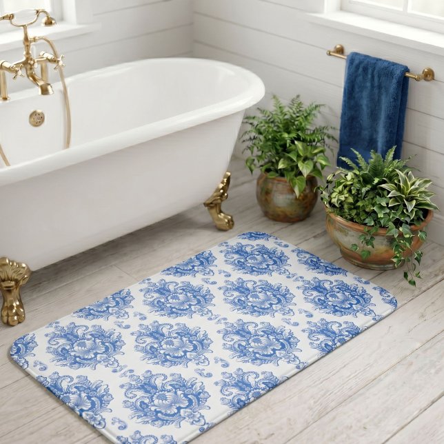 Elegant blå vit Medelhavet Damask-mönster Badrumsmatta (Skapare uppladdad)