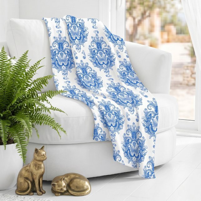Elegant blå vit Medelhavet Damask-mönster Fleecefilt (Skapare uppladdad)