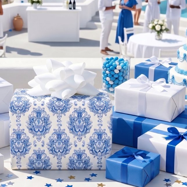 Elegant blå vit Medelhavet Damask-mönster Presentpapper (Skapare uppladdad)