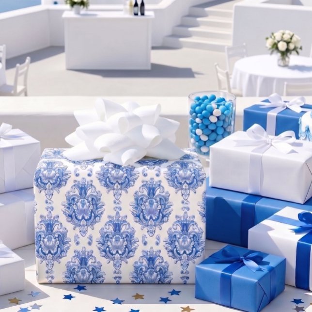 Elegant blå vit Medelhavs-damaskmönster Presentpapper (Skapare uppladdad)