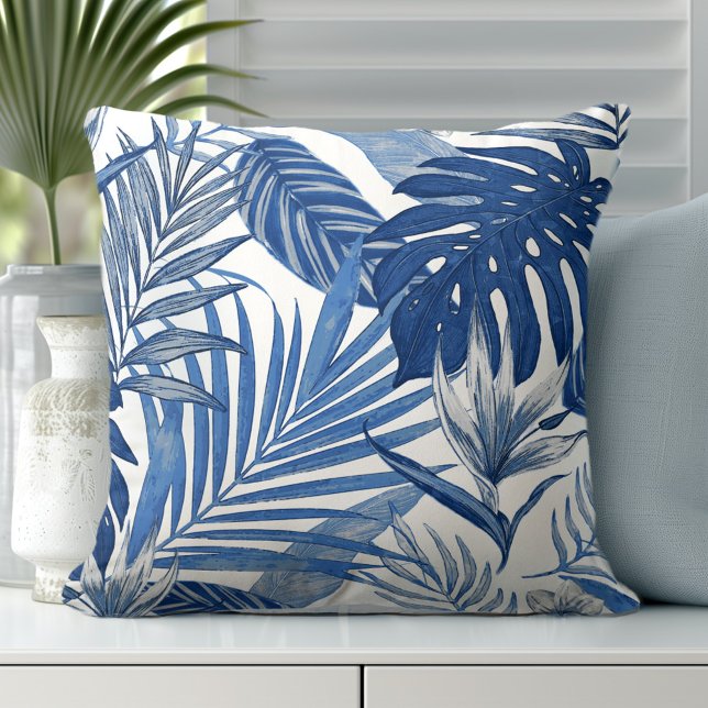 Elegant blå vit palmbladskastkudde kudde (Elevate Your Décor: Discover our Elegant Coastal Throw Pillows in Blue & White)