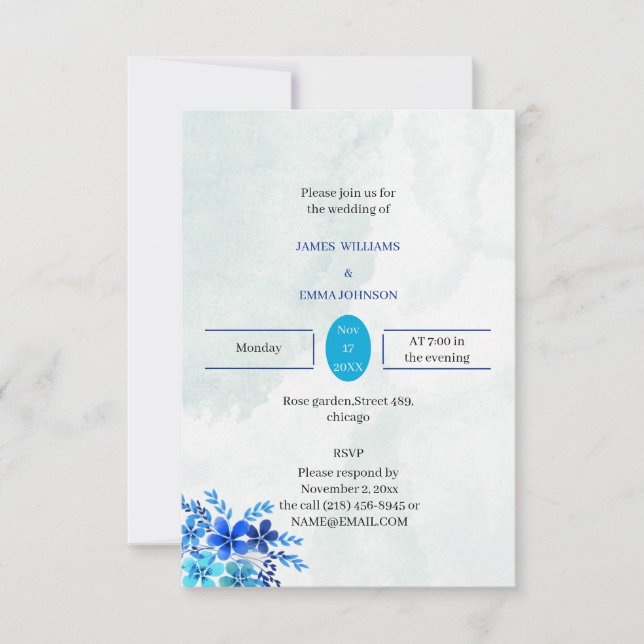 Elegant Blåa blommor Anpassad Bröllop Inbjudningar (Framsida)