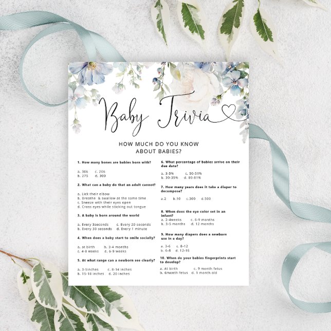 Elegant Blåa blommor Baby Shower Trivia-spel (Skapare uppladdad)