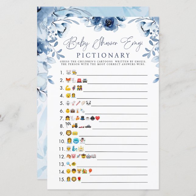 Elegant Blåa blommor Boy Baby Shower Emoji Game (Fram/baksida)