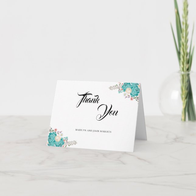 Elegant Blåa blommor Bröllop Blommigt Vattenfärg Tack Kort (Framsida)