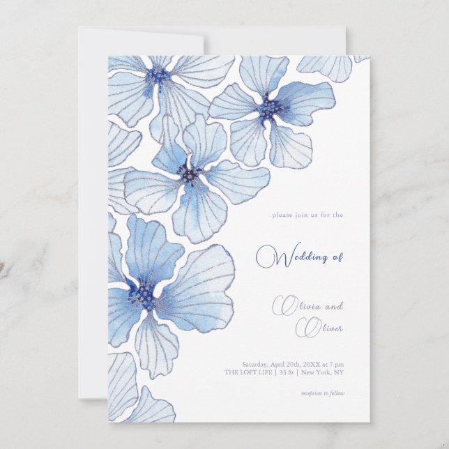 Elegant Blåa blommor Bröllop Inbjudningar (Framsida)