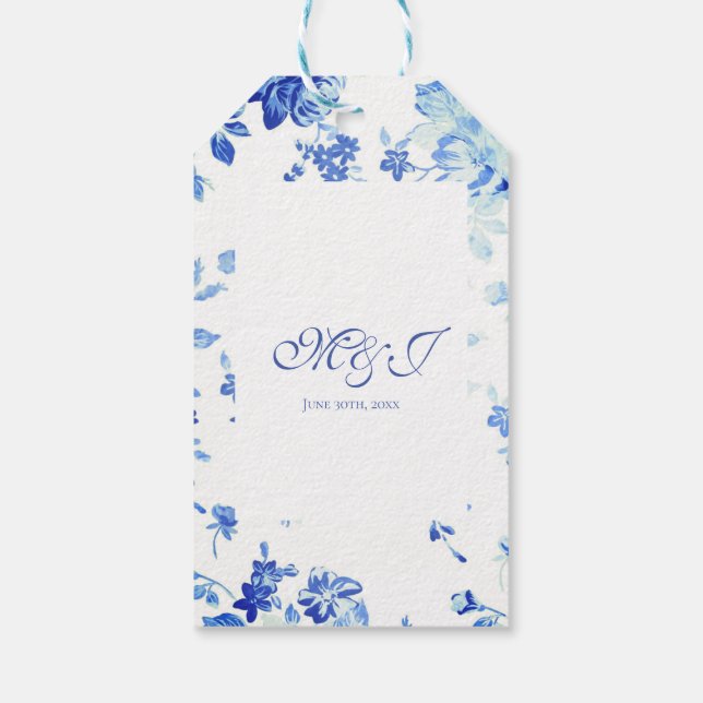 Elegant Blåa blommor Bröllop Tack Presentetikett (Baksidan)