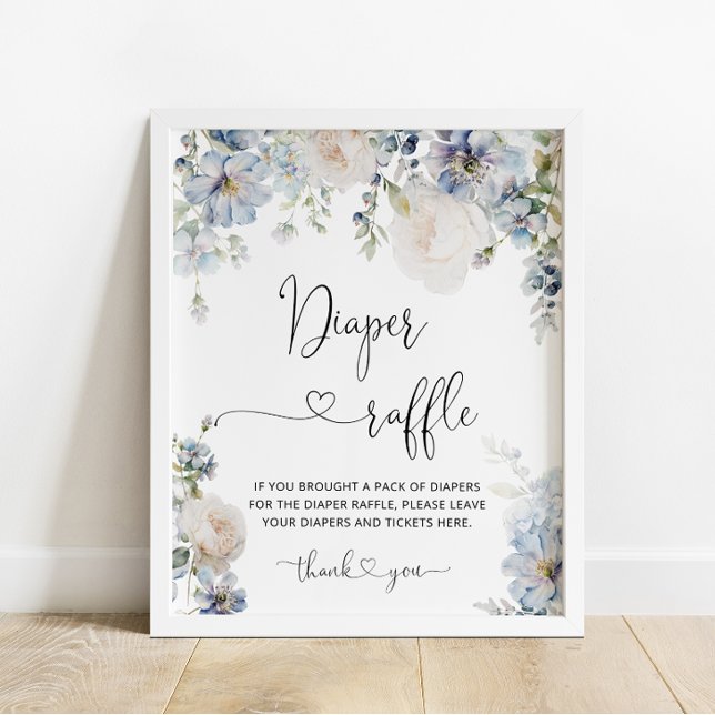 Elegant Blåa blommor Diaper Raffle Poster (Skapare uppladdad)