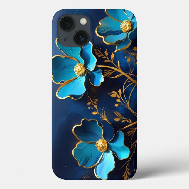 Elegant Blåa blommor Golden Outlines Telefon Case (Baksida)
