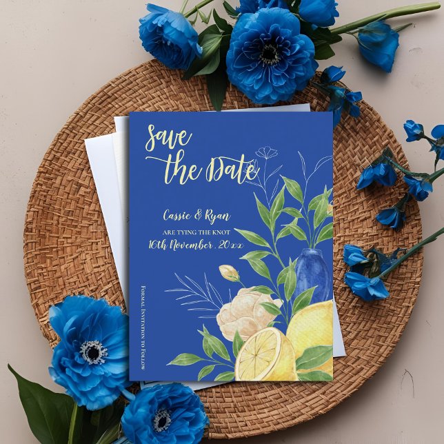 Elegant Blåa blommor & Lemon Tema Spara datum Vykort (Elegant Blue Flowers & Lemon Theme Save the Date Postcard)