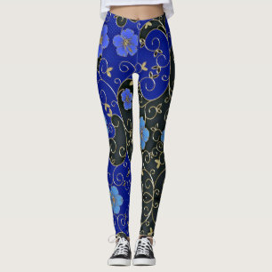 Elegant Blåa blommor med Guld Löv och wirls Leggings
