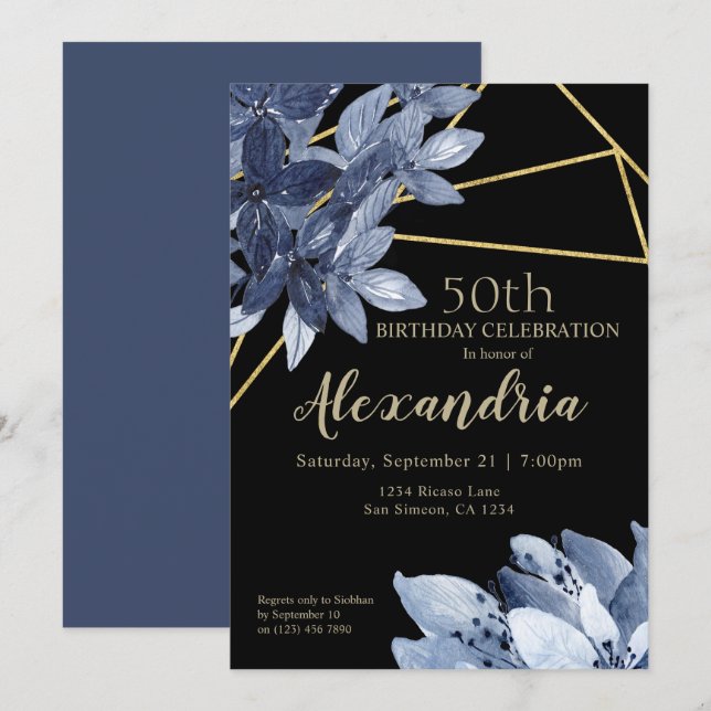 Elegant Blåa blommor och Guld Födelsedagsfesten Inbjudningar (Fram/baksida)