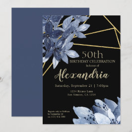 Elegant Blåa blommor och Guld Födelsedagsfesten Inbjudningar