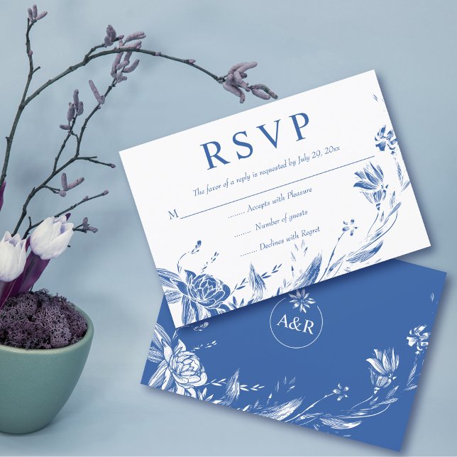 Elegant blåa blommor typografi blommigt bröllop OSA kort (Skapare uppladdad)