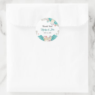 Elegant Blåa blommor Watercolor Bröllop Tack Runt Klistermärke