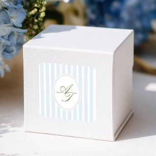 Elegant blåa ränder monogram fyrkantigt klistermärke
