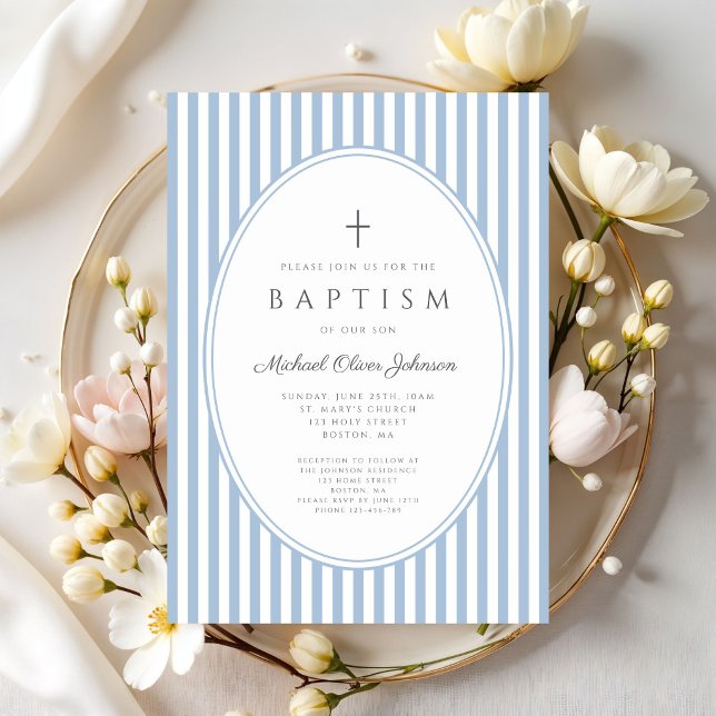 Elegant blåa ränder pojke dop inbjudan (Elegant Blue Stripes Boy Baptism Invitation)