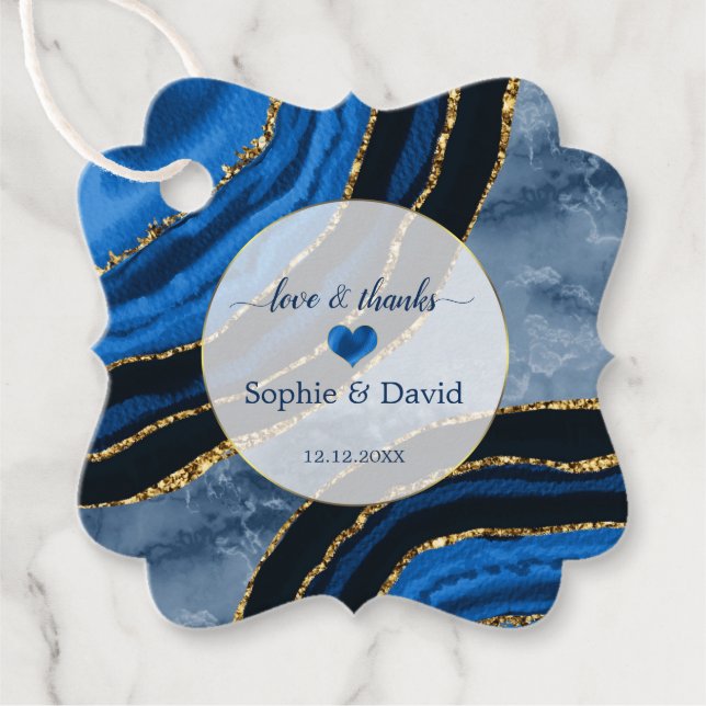 Elegant Blåagat Guld Marble Bröllop Gåvor Etiketter (Framsida)